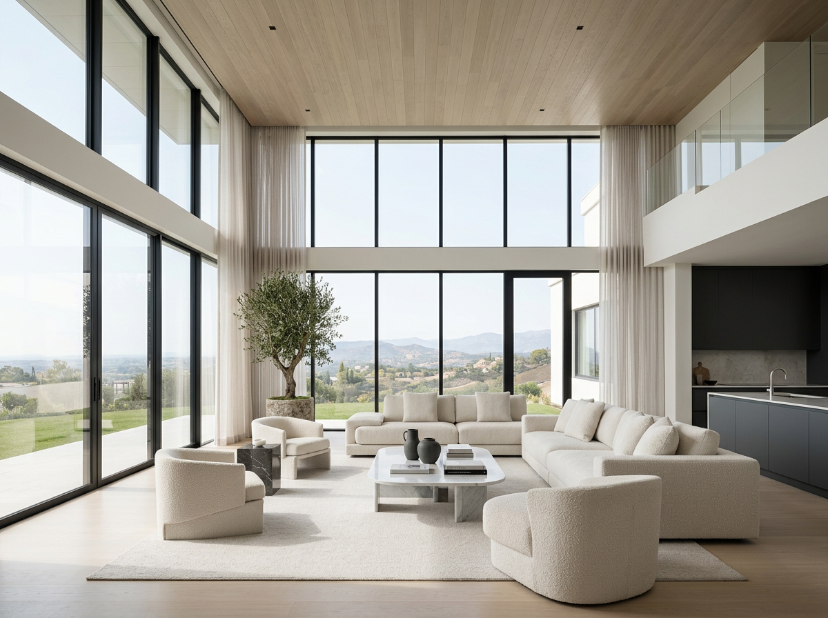 Luxury modern real estate interior with floor-to-ceiling windows